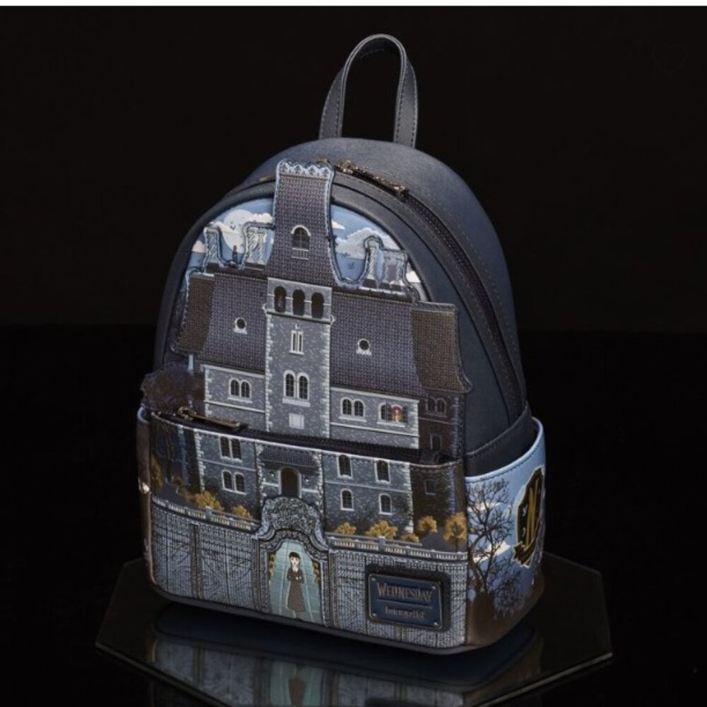Loungefly Addams Family Wednesday Nevermore Academy Castle Glow Mini Backpack - Picture 4 of 13